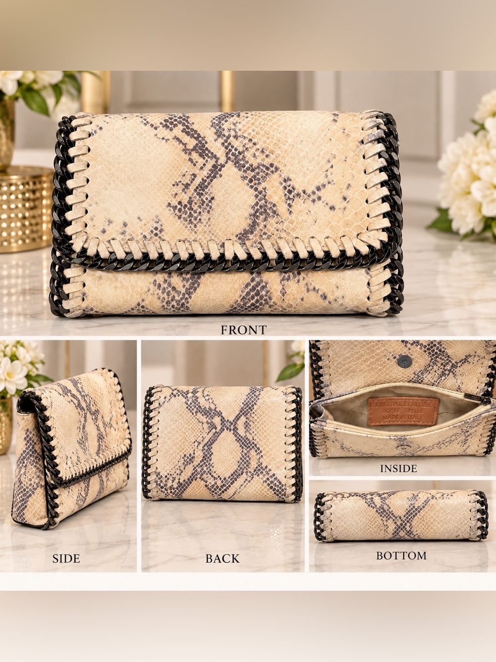 Genuine Leather Snake-Print Crossbody Bag with Gunmetal Chain